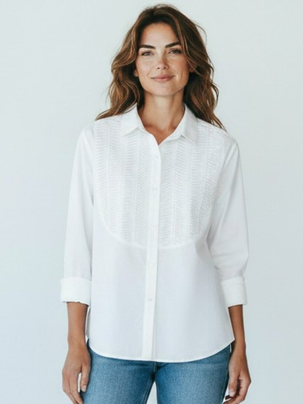 Ruff Hewn Womens Large White Pleated Long Sleeve Smocking Tuxedo Shirt Size L